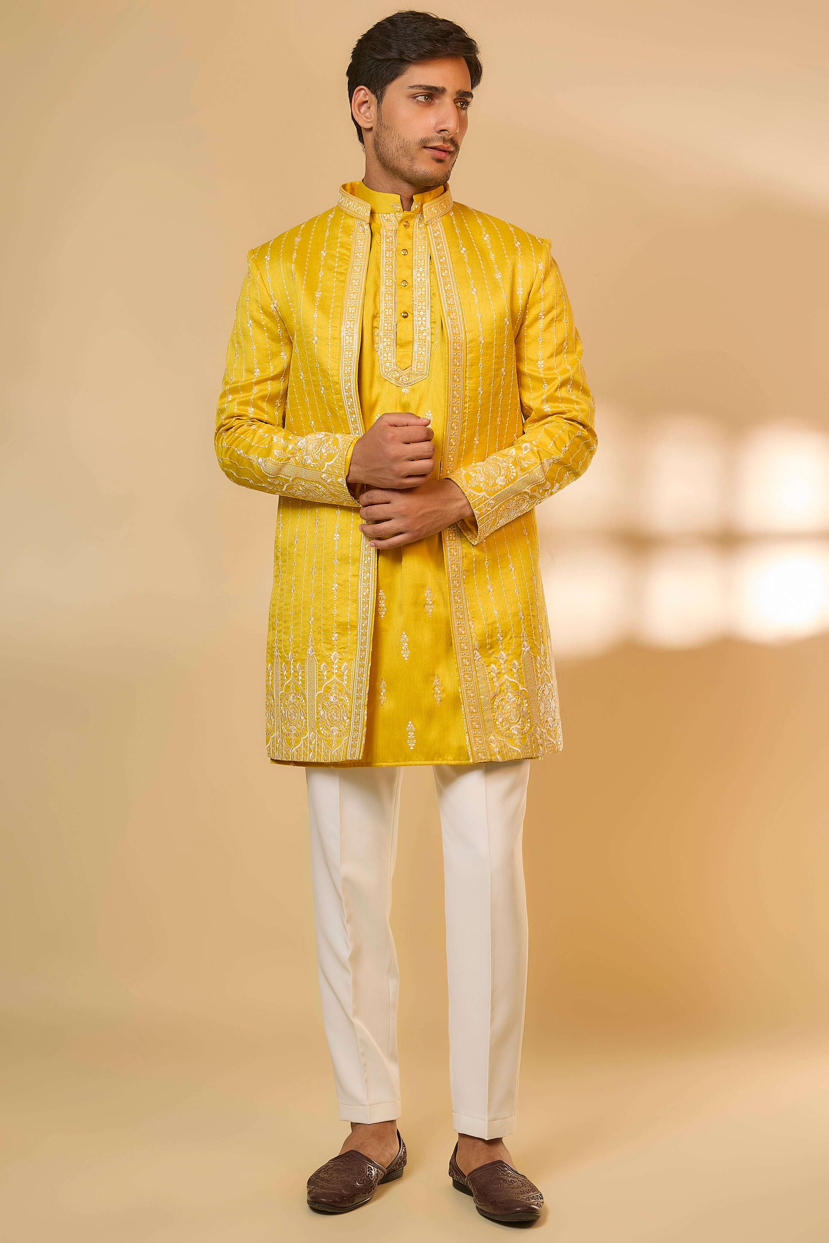 Yellow Cotton Silk Machine Embroidered Sherwani Set