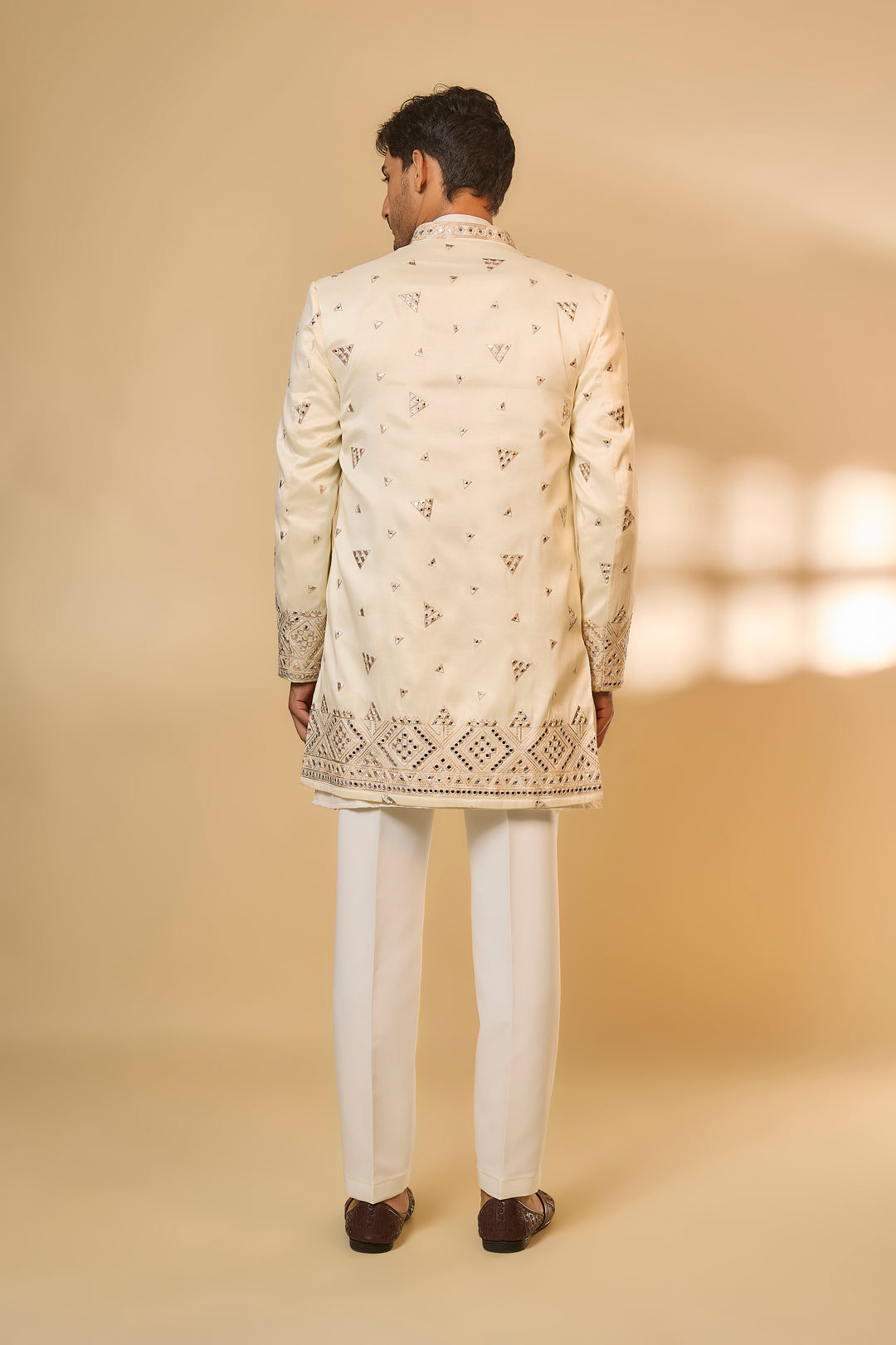 Ivory Cotton Silk Machine Embroidered Sherwani Set