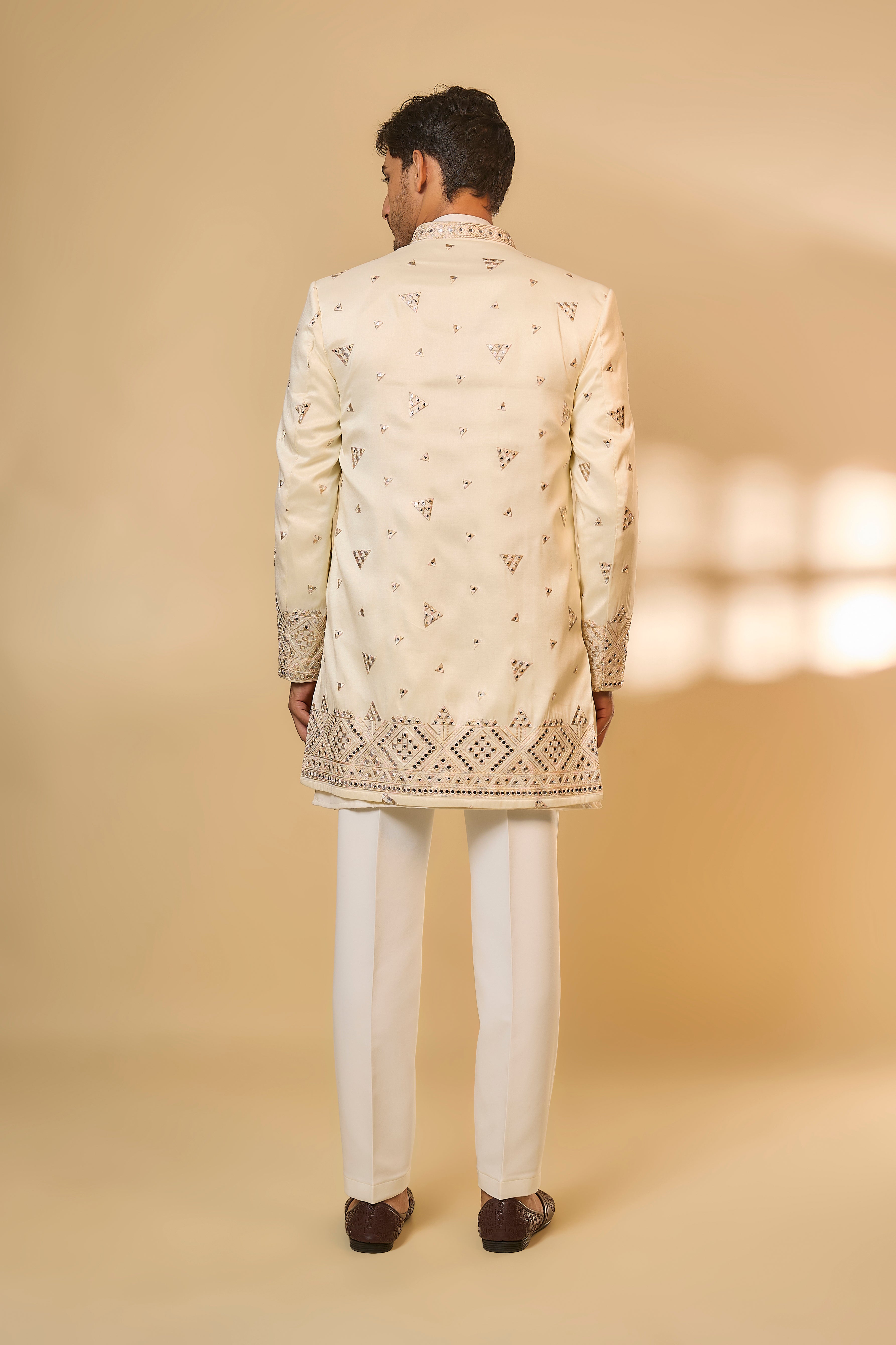 Ivory Cotton Silk Machine Embroidered Sherwani Set