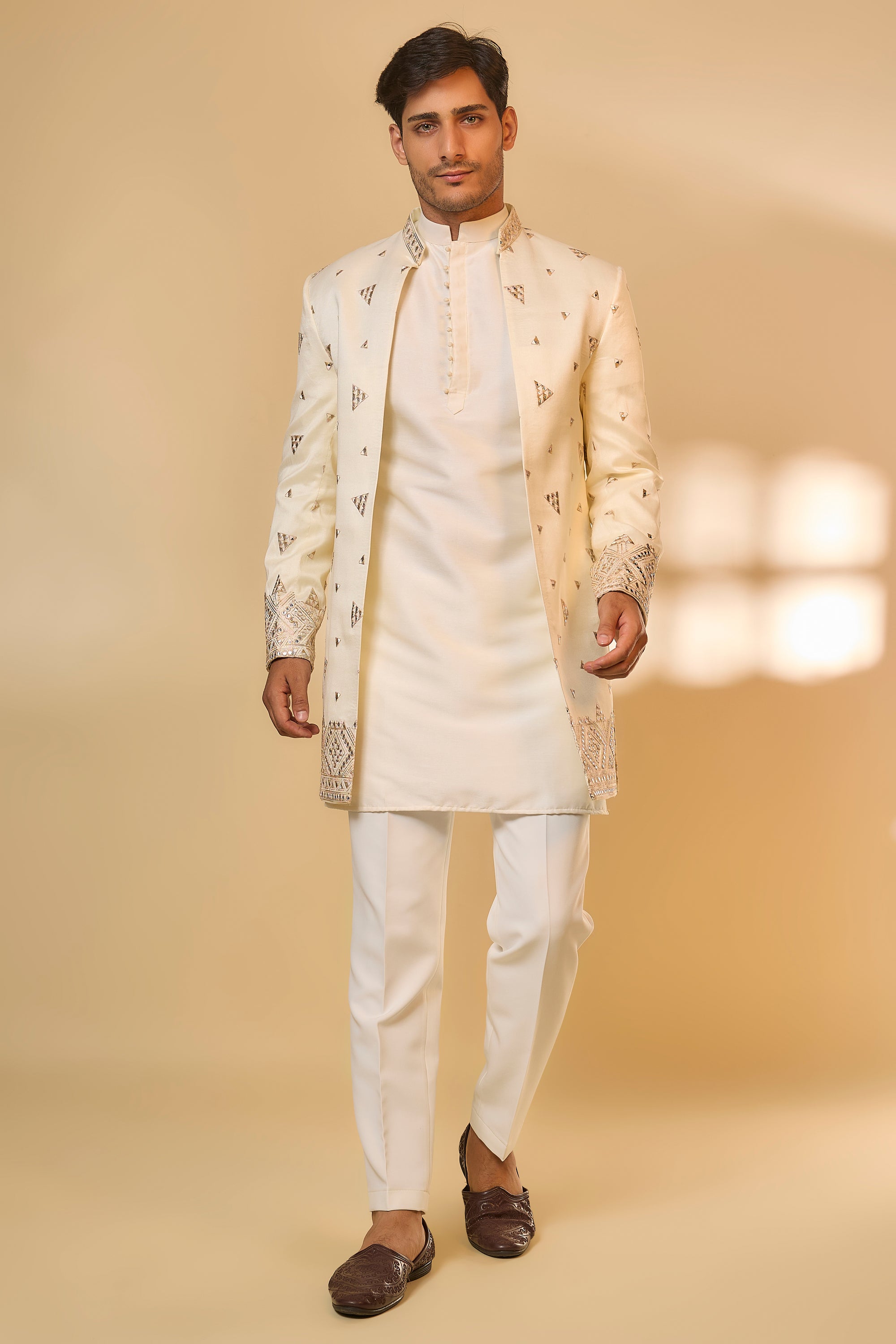 Abees Beige cotton silk embroidered sherwani set - front view