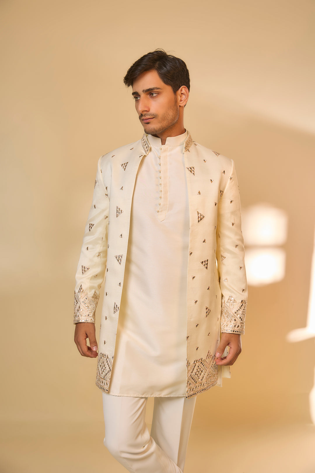 Ivory Cotton Silk Machine Embroidered Sherwani Set