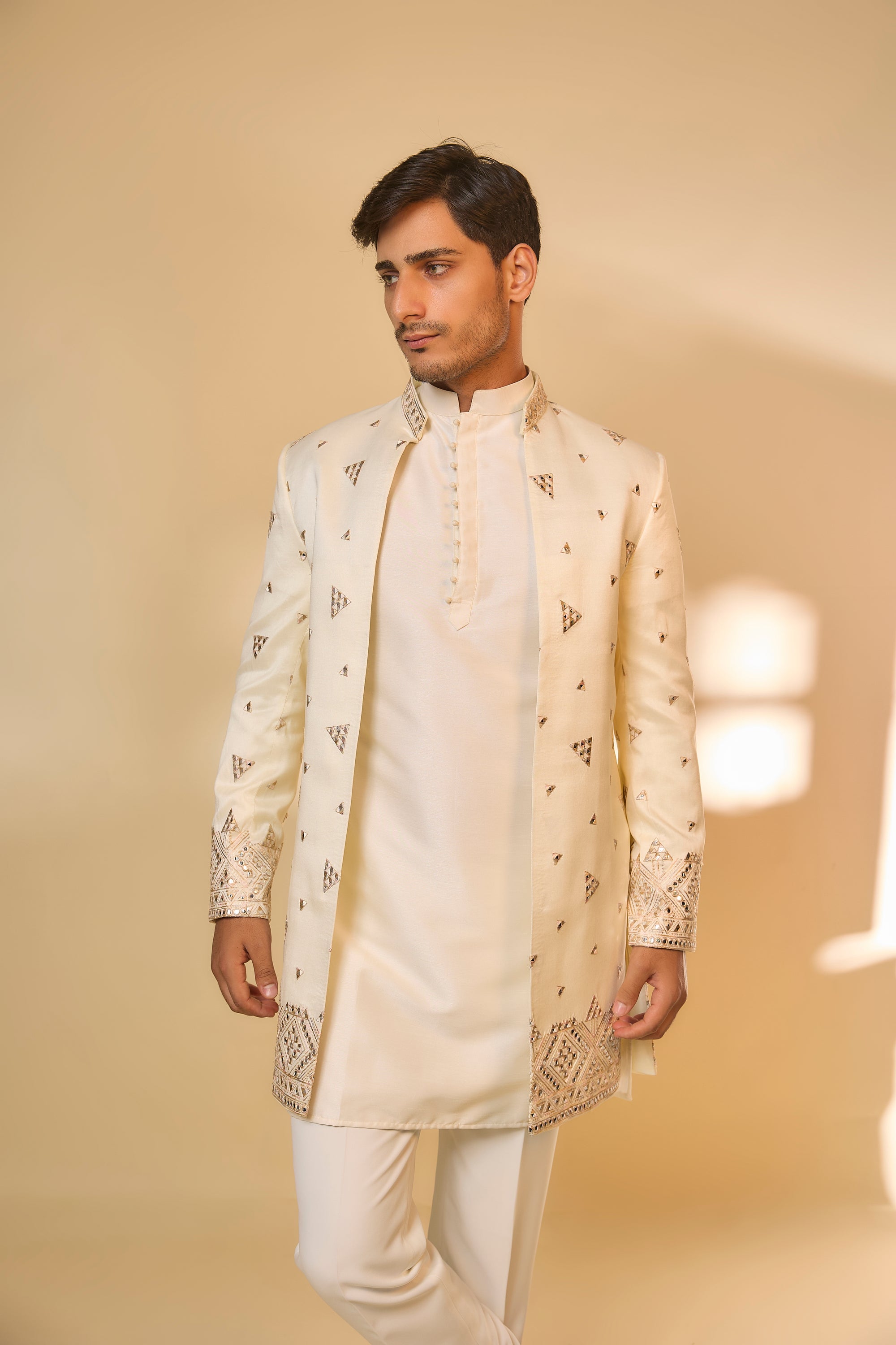 Abees Beige cotton silk embroidered sherwani set - back view