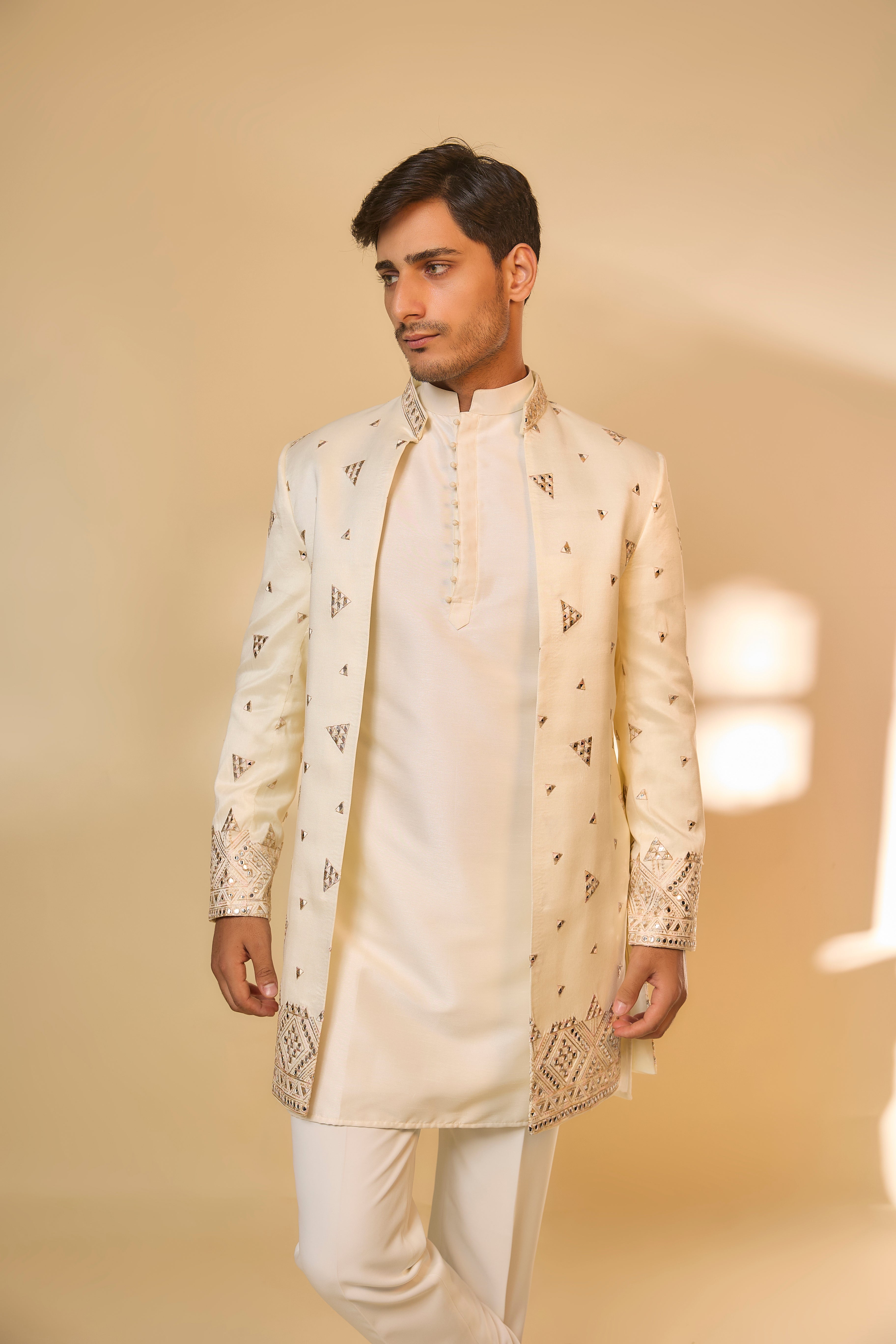 Ivory Cotton Silk Machine Embroidered Sherwani Set