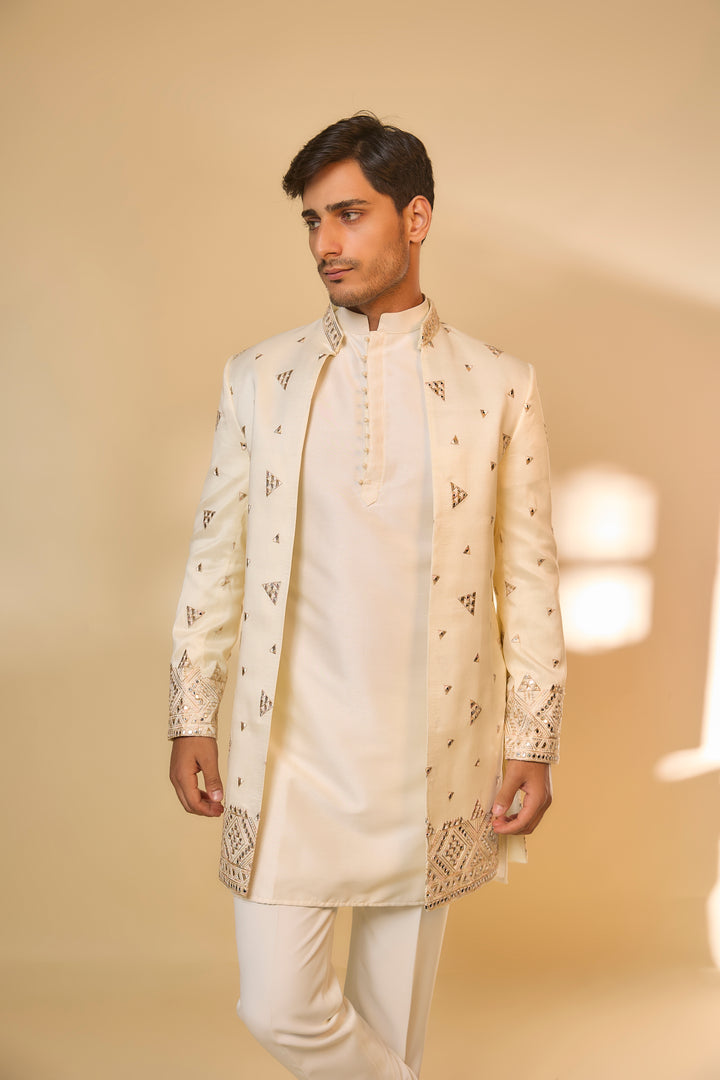 Ivory Cotton Silk Machine Embroidered Sherwani Set