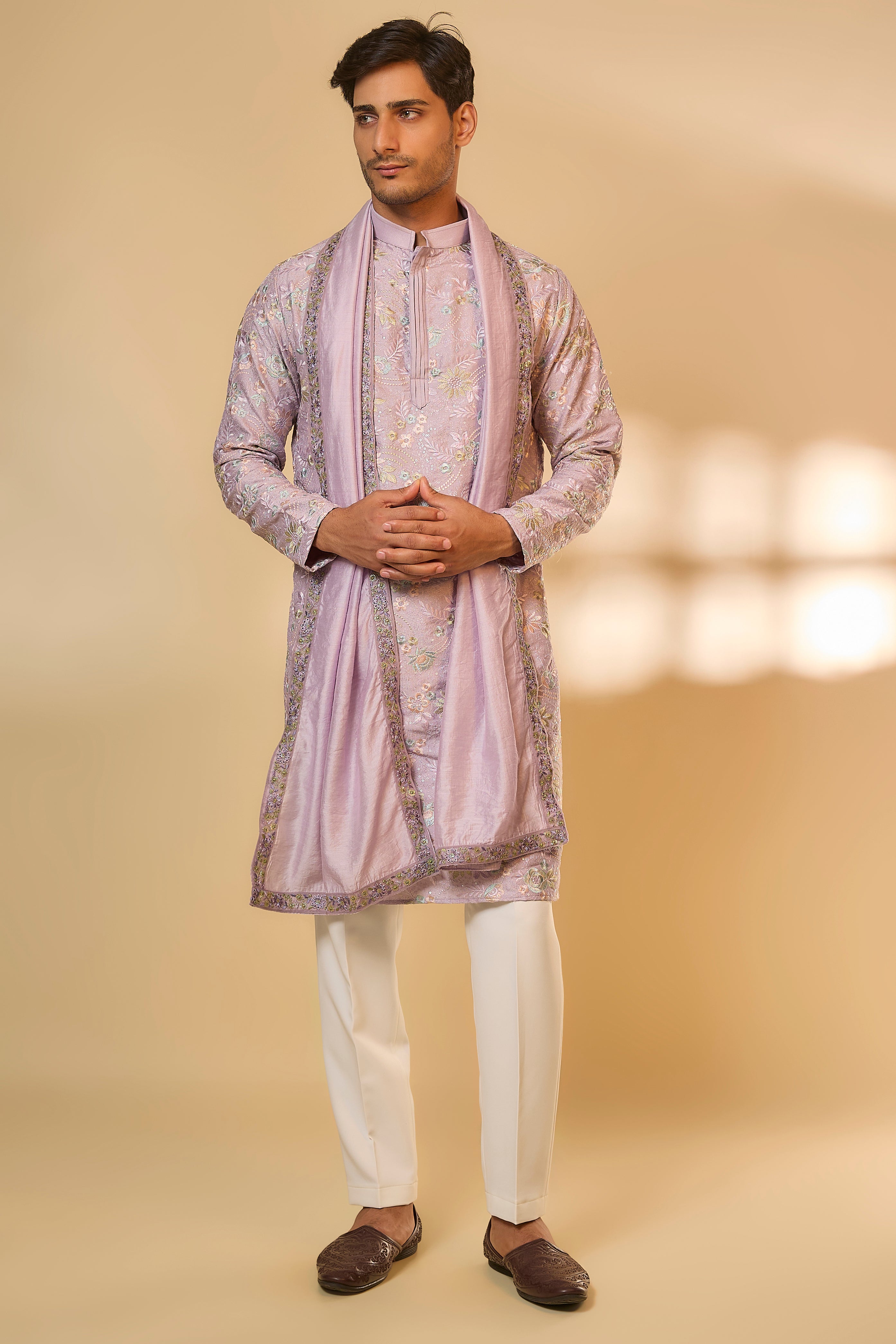 Lavender Malai Silk Machine Embroidered Kurta Set