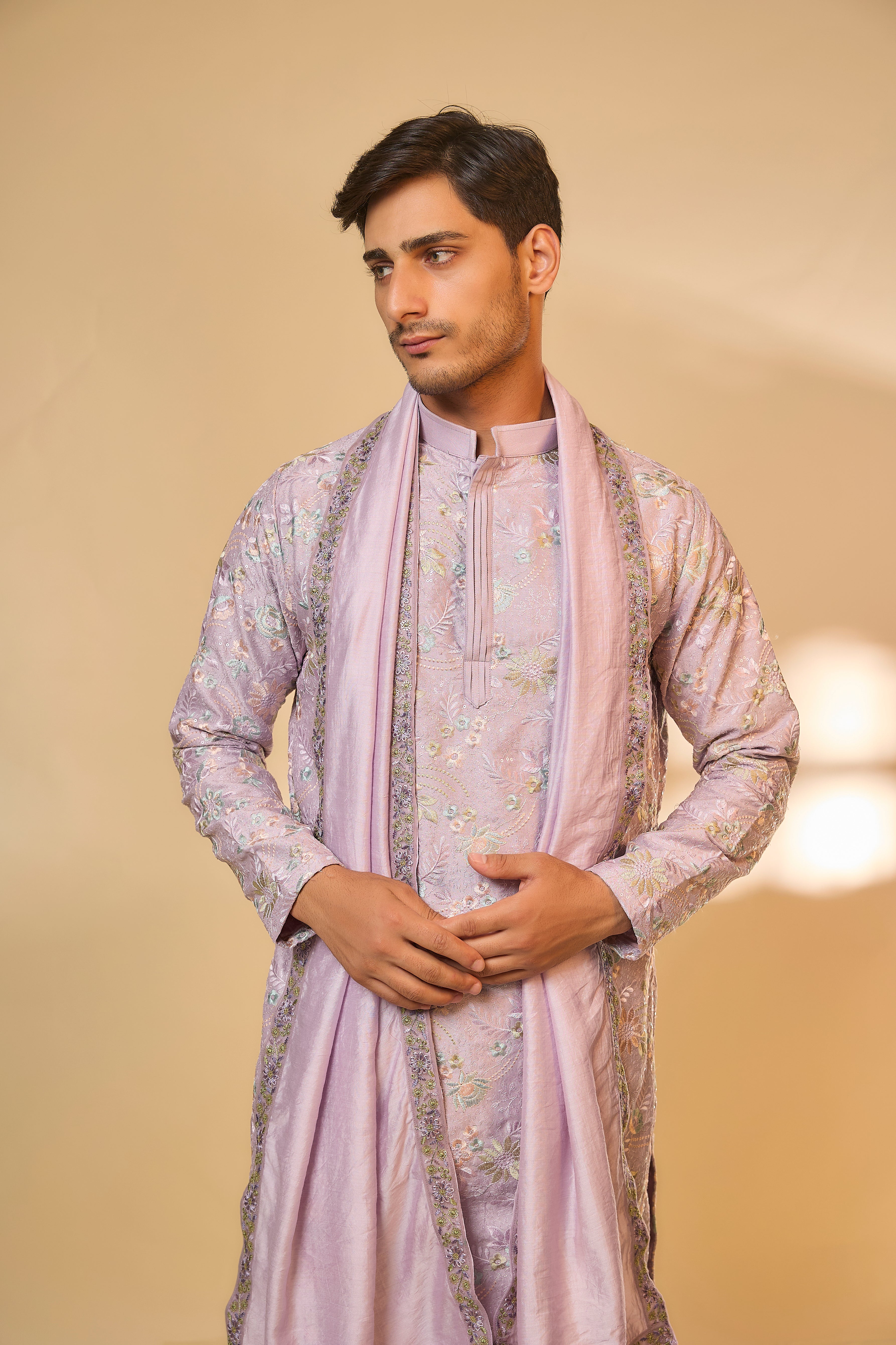 Lavender Malai Silk Machine Embroidered Kurta Set