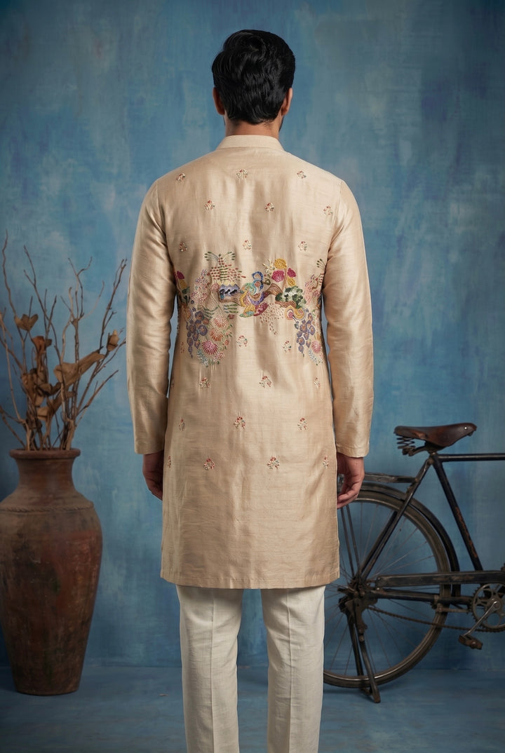 Champagne Gold Floral Embroidered Kurta for Men