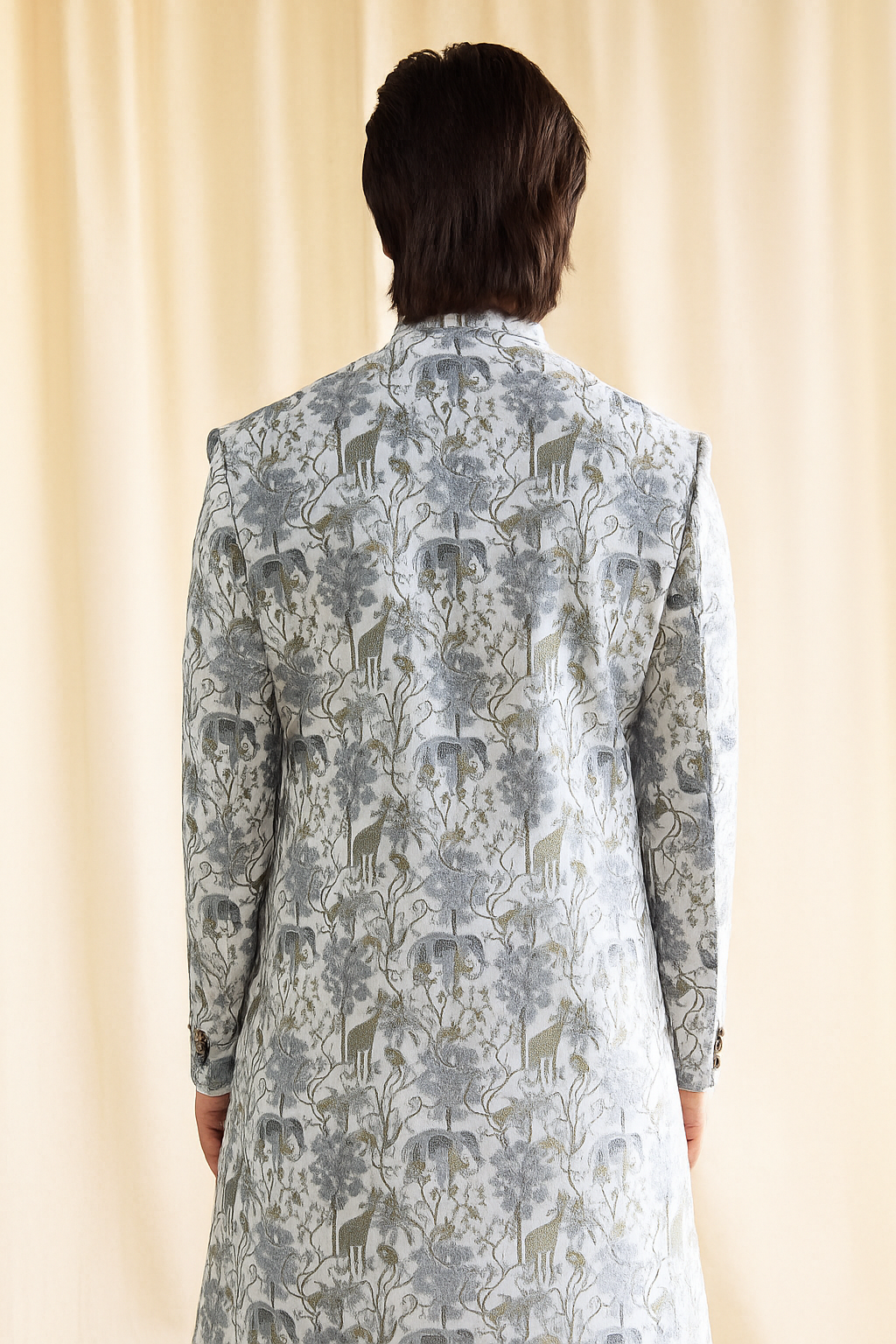 Powder Blue Heritage Print Sherwani – Regal Wedding & Festive Wear for Men
