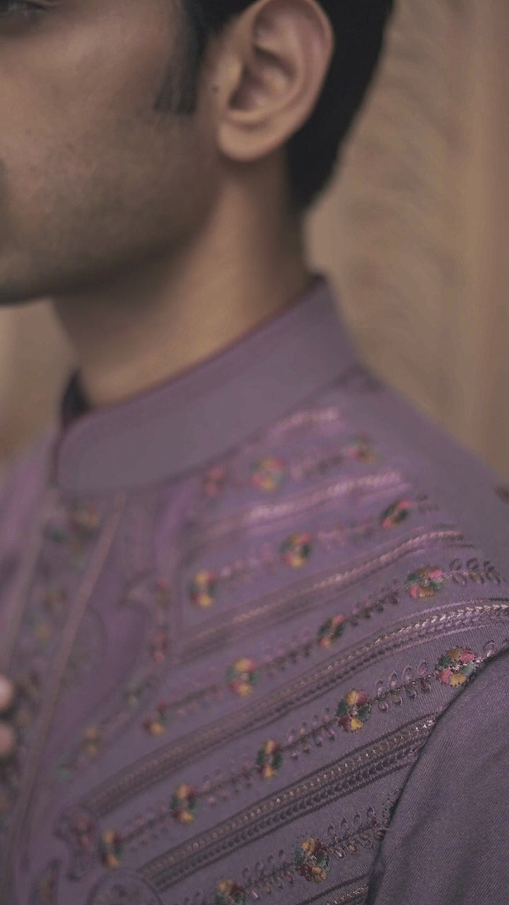 Lavender Heritage Embroidered Waistcoat Kurta Set