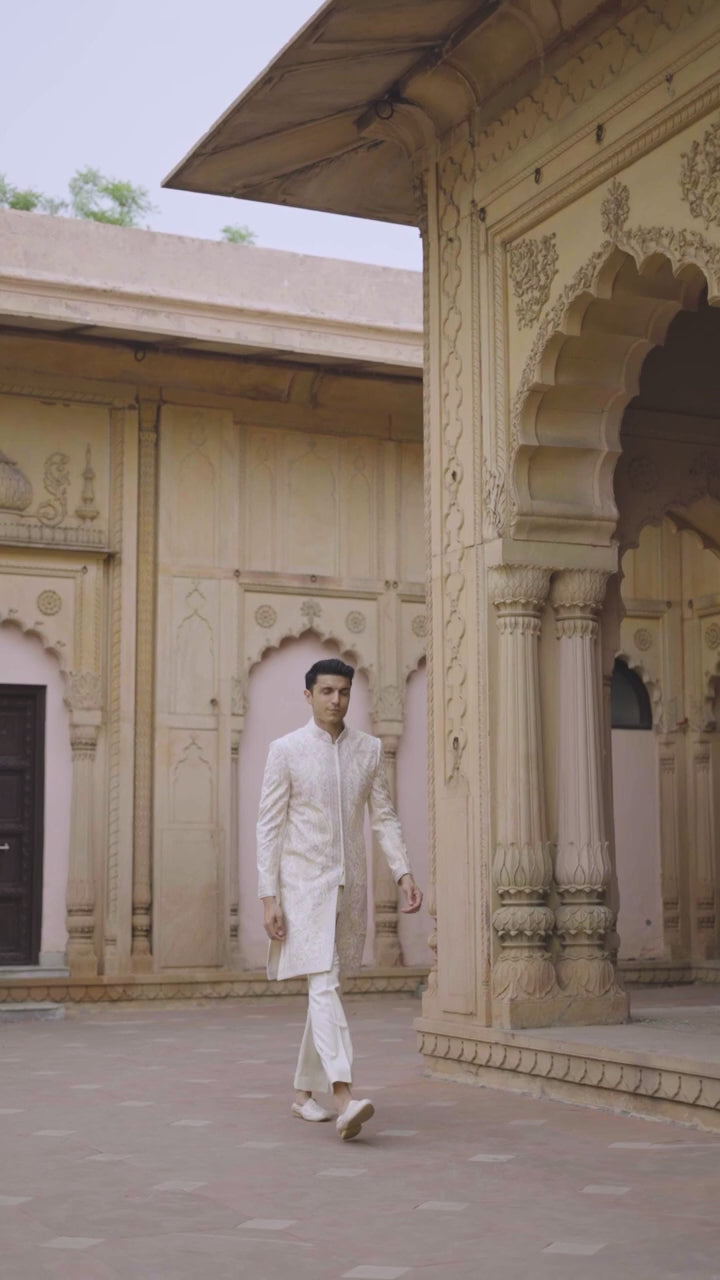 Royal Ivory Pastel Paisley Embroidered Indo Western Sherwani
