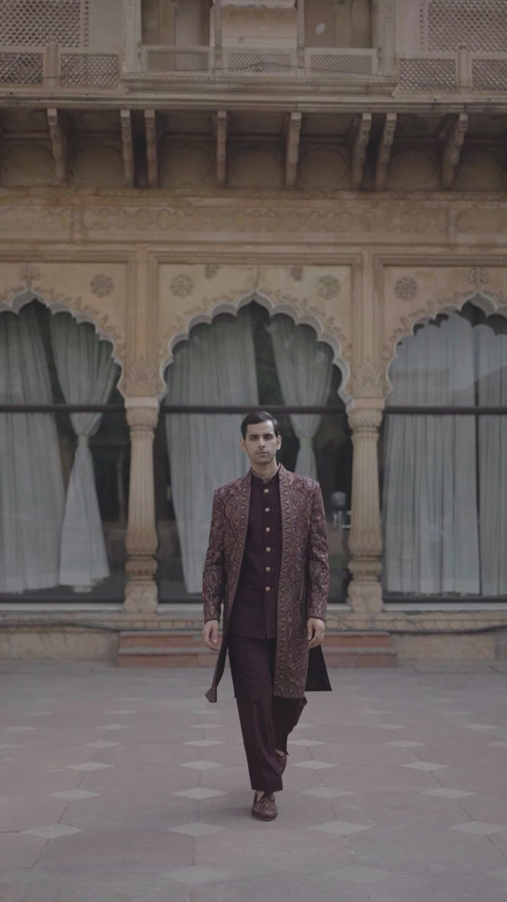 Royal Wine Heritage Embroidered Indo Western Sherwani