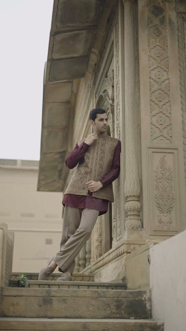 Maroon Kurta Set with Beige Paisley Embroidered Waistcoat
