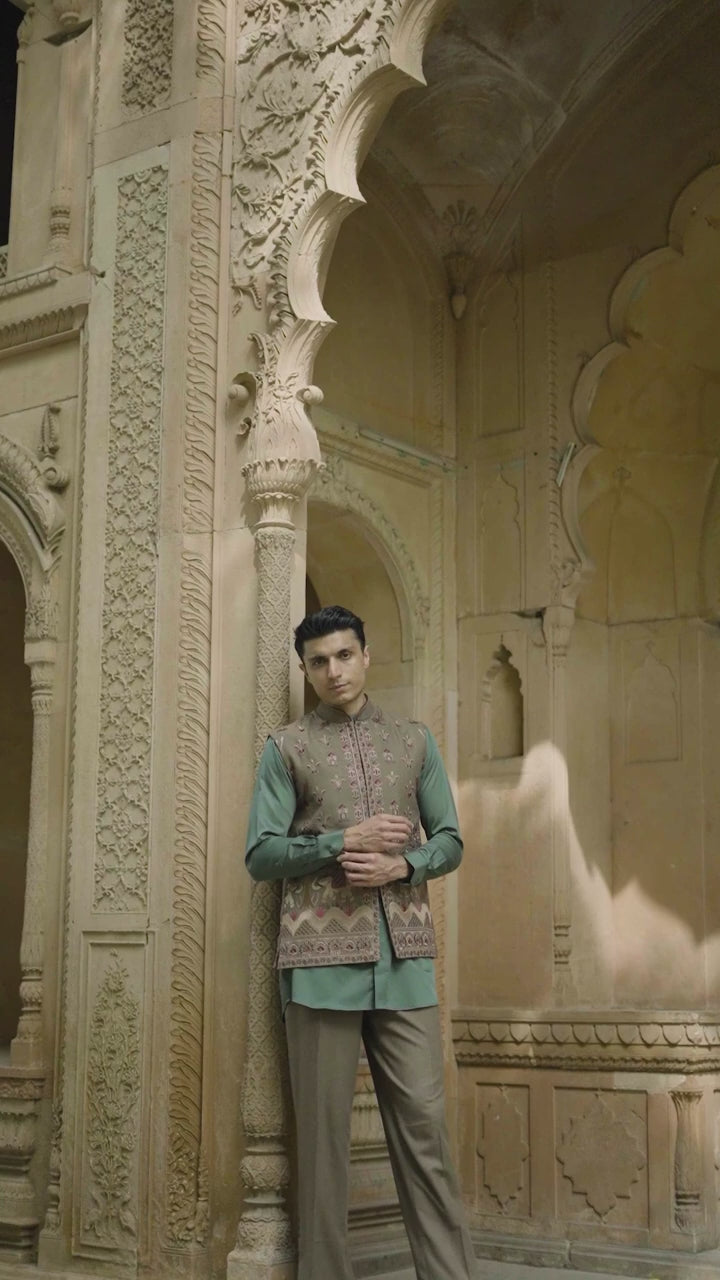Sage Green Kurta Set with Heritage Embroidered Waistcoat