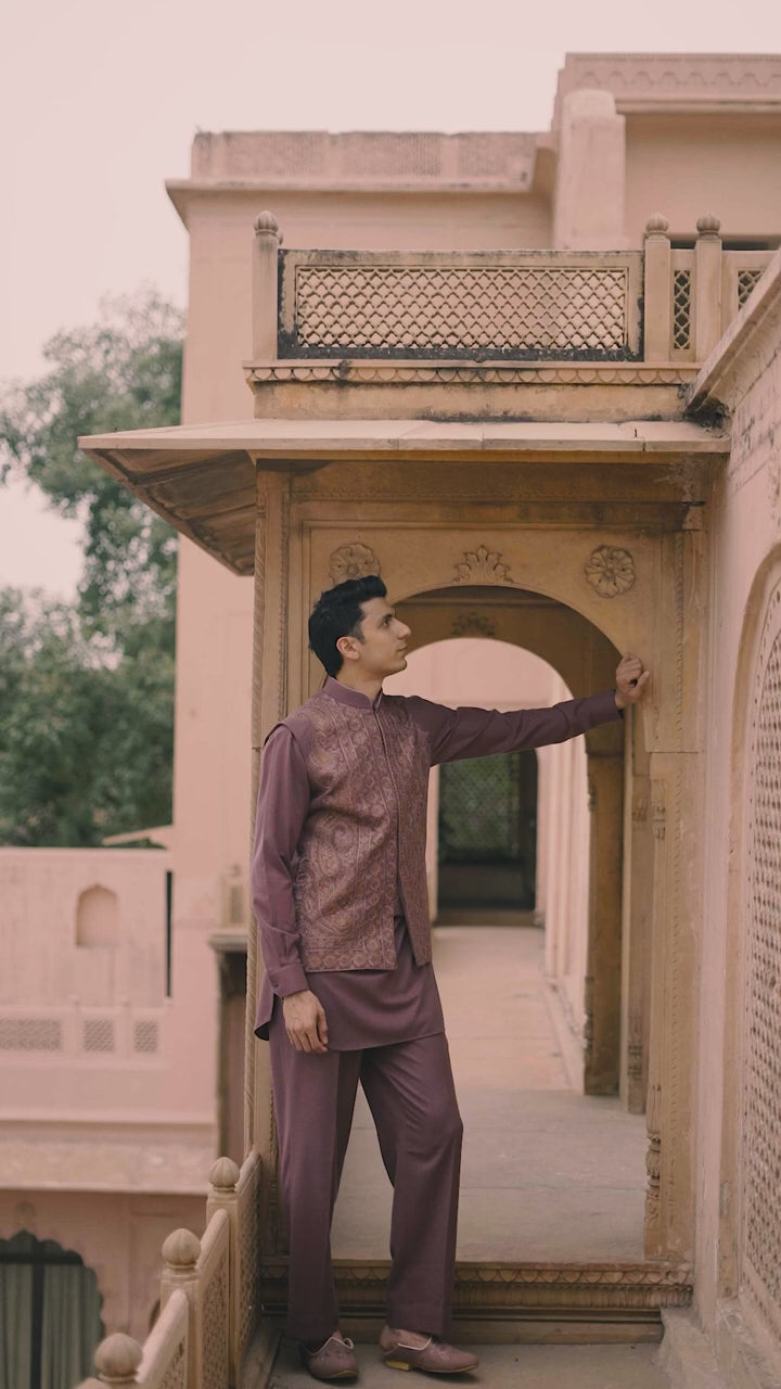 Dusty Rose Paisley Embroidered Waistcoat Kurta Set