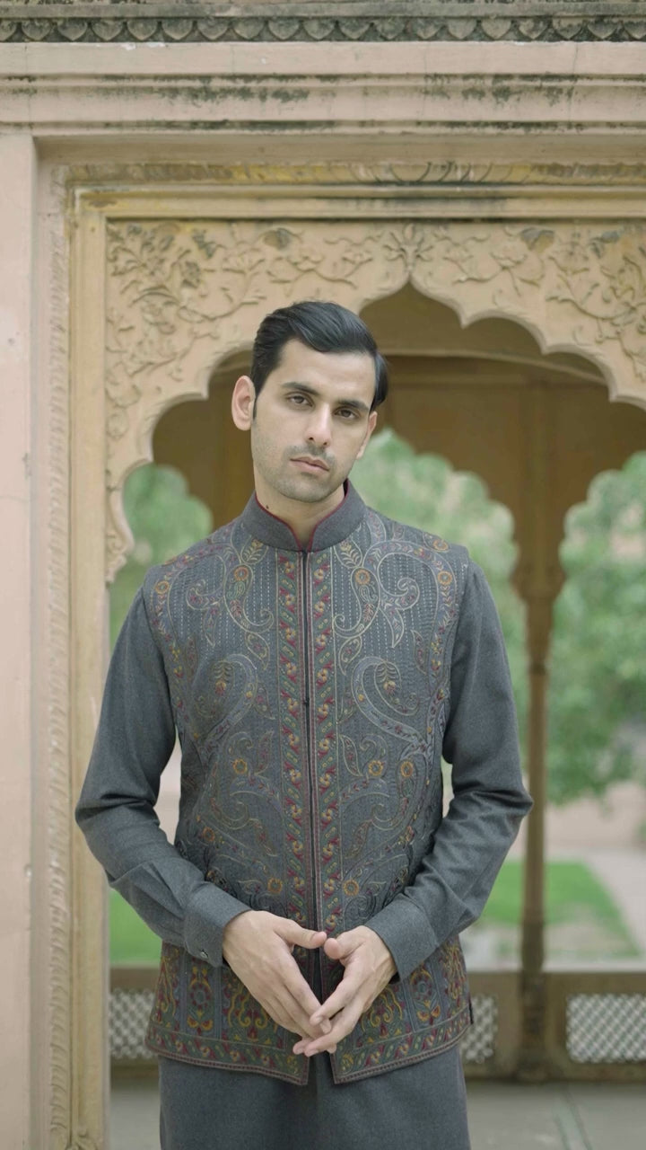 Charcoal Grey Paisley Embroidered Waistcoat Kurta Set