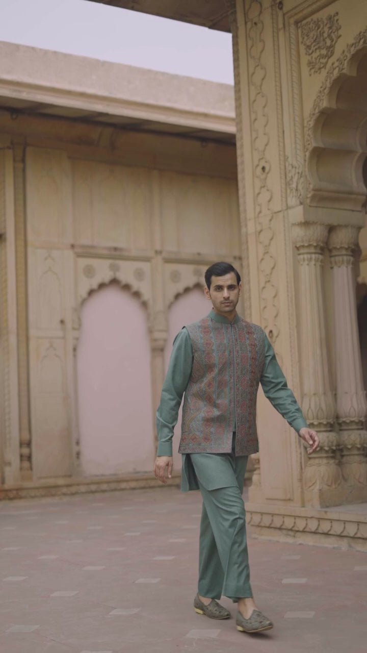 Teal Heritage Embroidered Waistcoat Kurta Set