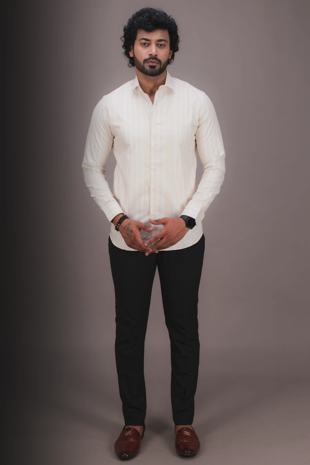 CREAM STRIPED TWILL SHIRT