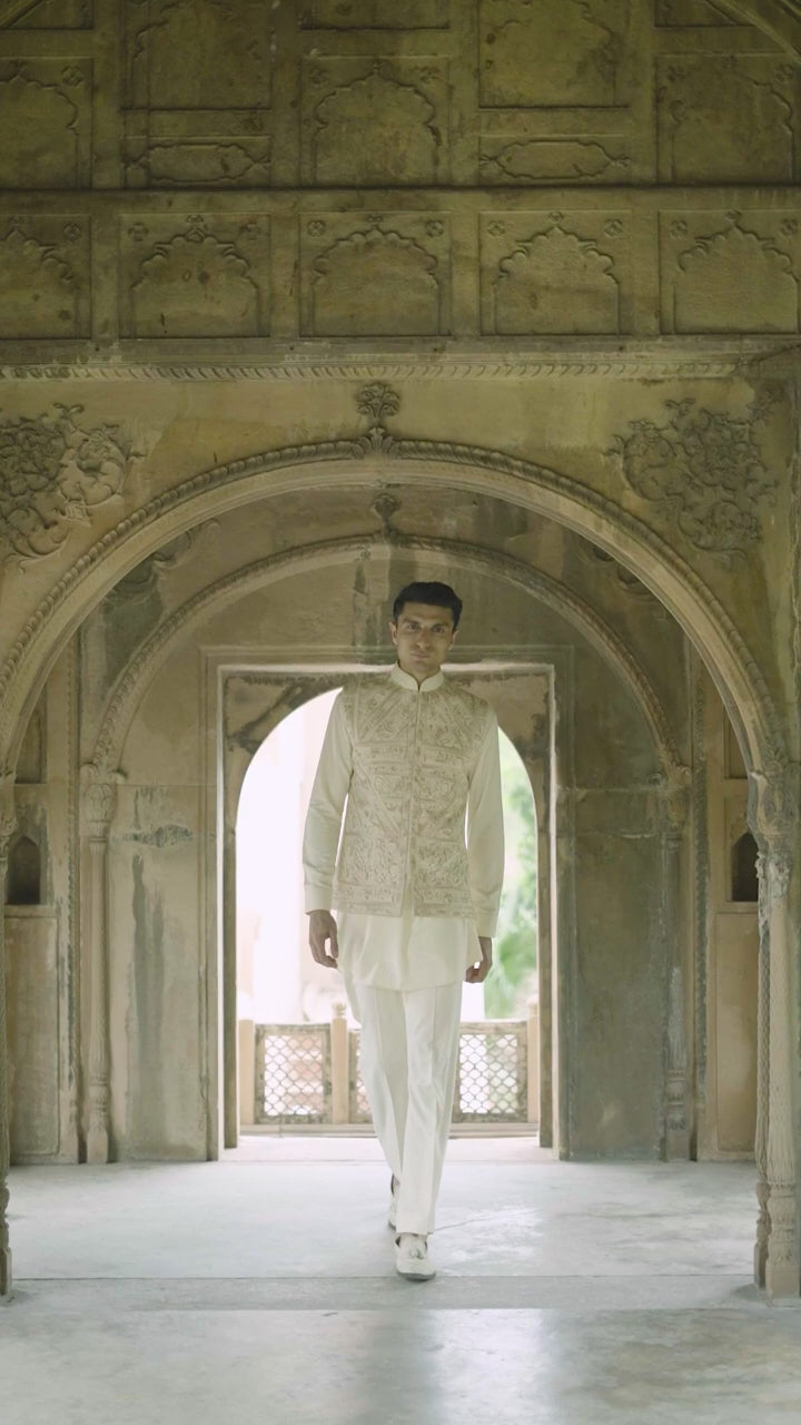 Regal Ivory Heritage Embroidered Waistcoat Kurta Set