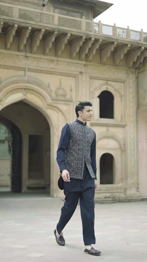 Royal Navy Multicolour Embroidered Waistcoat Kurta Set
