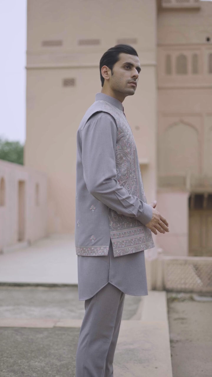 Lavender Grey Paisley Embroidered Waistcoat Kurta Set